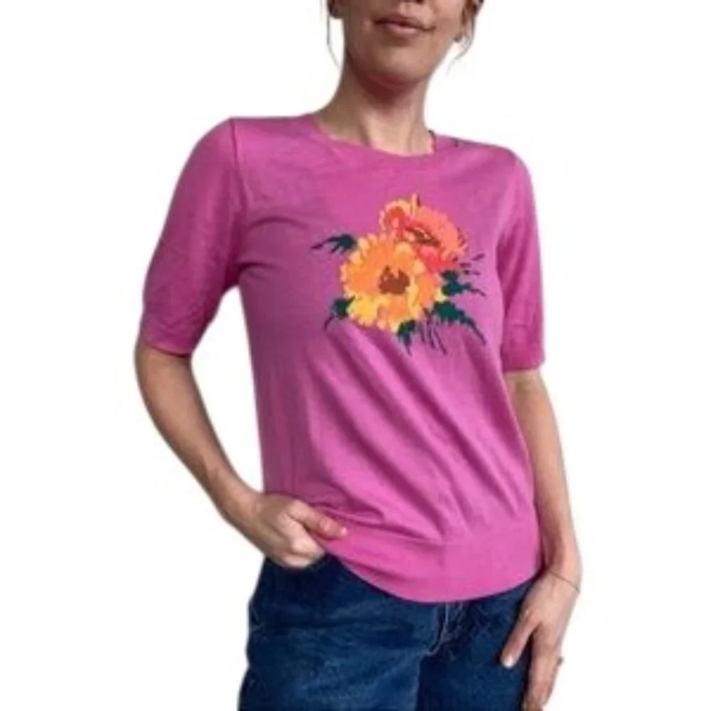 J. Crew Tippi Pink Floral Short Sleeve Merino Wool Crewneck Sweater